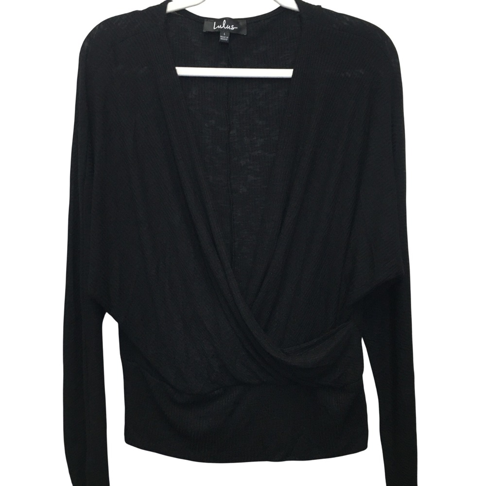 Lulus Ribbed Surplice Long Sleeve Top Large Black Stretch Minimalist Stretchy